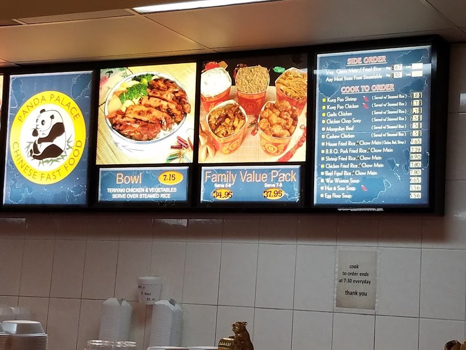 Restaurant menu with chicken, shrimp, and beef options.